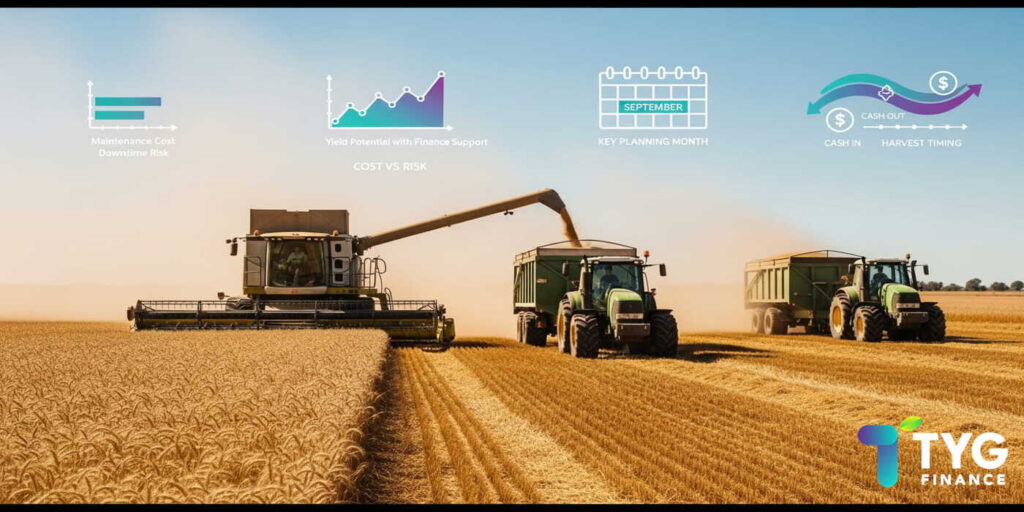 A wheat farmer busy during harvest after securing farm equipment financing through TYG Finance