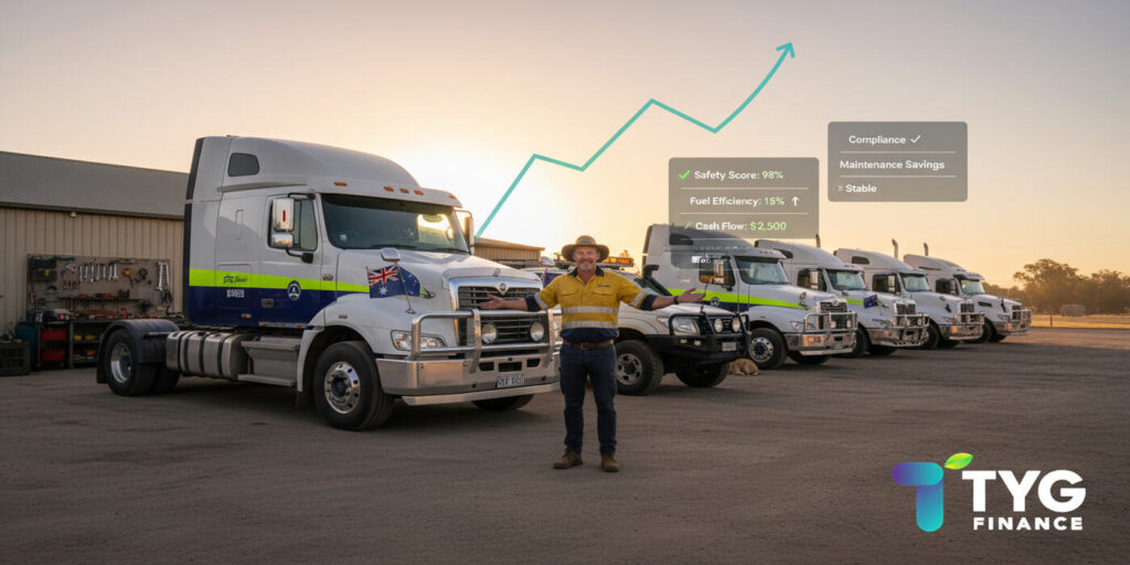 A fleet manager at an Australian depot reviewing performance data beside modern trucks after improving safety and efficiency through smart fleet finance secured through TYG Finance.