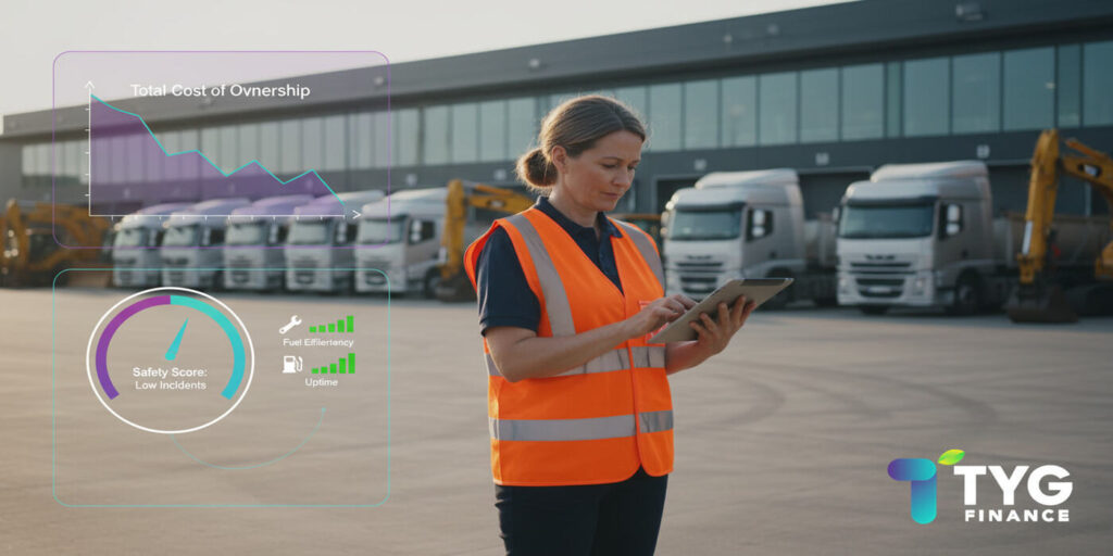 A fleet manager reviewing cost and safety data on a digital tablet in front of a lineup of modern trucks and heavy machinery after securing fleet finance from TYG Finance