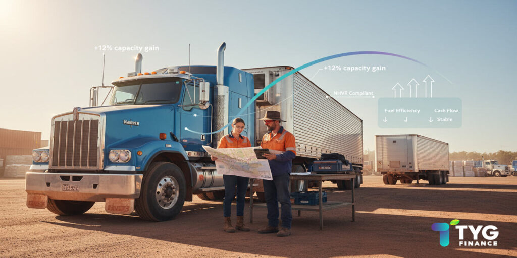 An Australian transport operator reviewing truck and trailer options with compliance and payload data overlays after securing truck and trailer finance through TYG Finance.