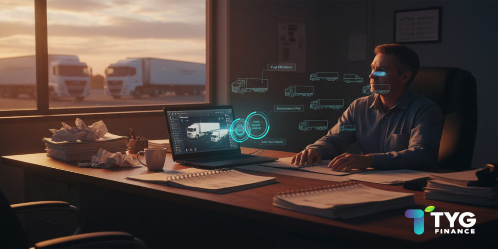 A fleet manager in an Australian logistics office reviewing vehicle configurations on a laptop and planning smarter upgrades through fleet finance from TYG Finance