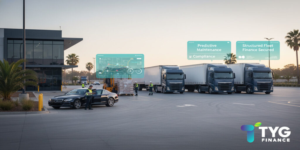 Modern freight trucks operating at an Australian terminal at dawn showing 2025 freight technology and efficiency growth made possible through fleet finance from TYG Finance