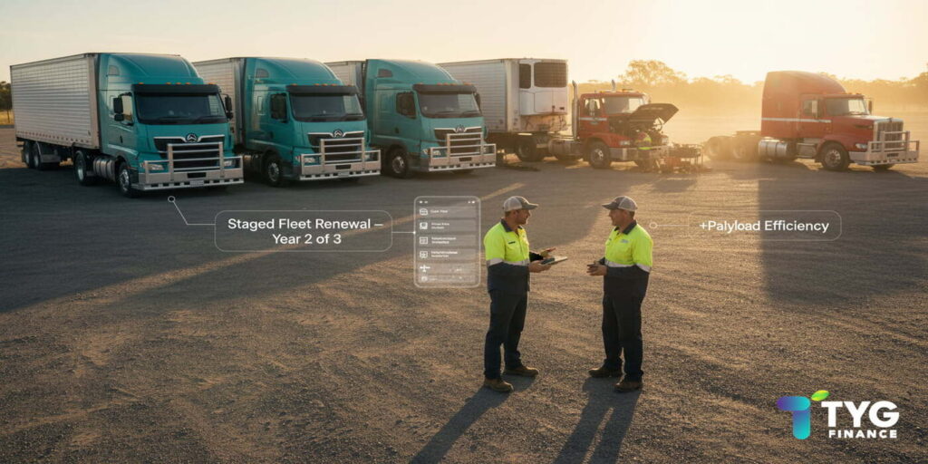 An Australian transport operator overseeing a newly upgraded fleet at sunrise, symbolising growth in freight capacity achieved through structured fleet finance from TYG Finance