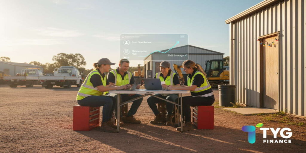 An Australian business owner meeting with their team outdoors to review finances and plan for 2026 after securing equipment finance support from TYG Finance.