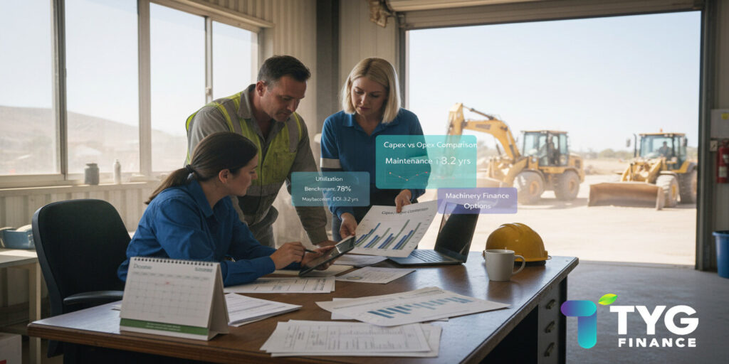 An Australian operations team reviewing machinery utilisation charts and financing options at year-end, with a December calendar and heavy equipment visible in the background, symbolising strategic planning through machinery finance from TYG Finance.