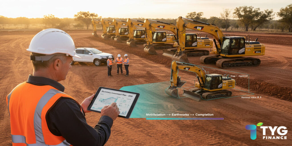 An Australian civil contractor reviewing a $5 million machinery investment plan on-site beside new excavators and dozers, symbolising strategic growth and smart machinery finance through TYG Finance.