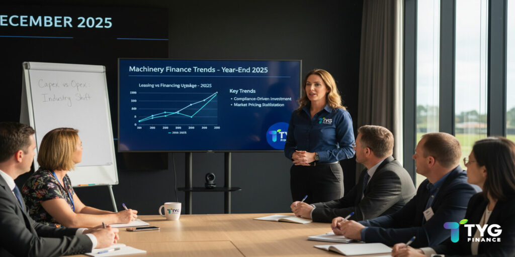 A TYG Finance industry expert presenting 2025 machinery finance trends at a conference, highlighting leasing growth, seasonal repayment models, and compliance-driven investment insights for Australian operators.