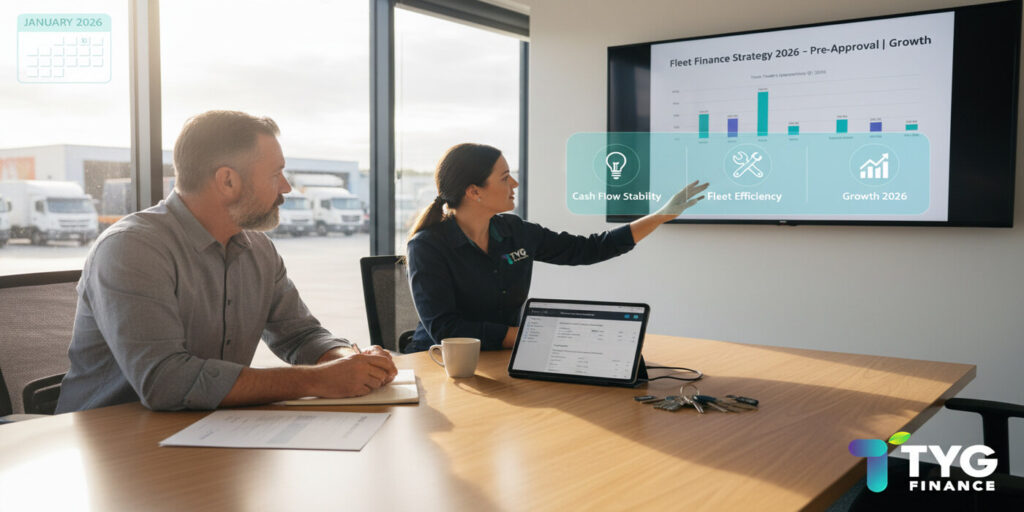 An Australian business owner discussing 2026 fleet finance strategy with a TYG Finance consultant in a bright meeting room, reviewing cash flow, upgrades, and tender plans for the new year.